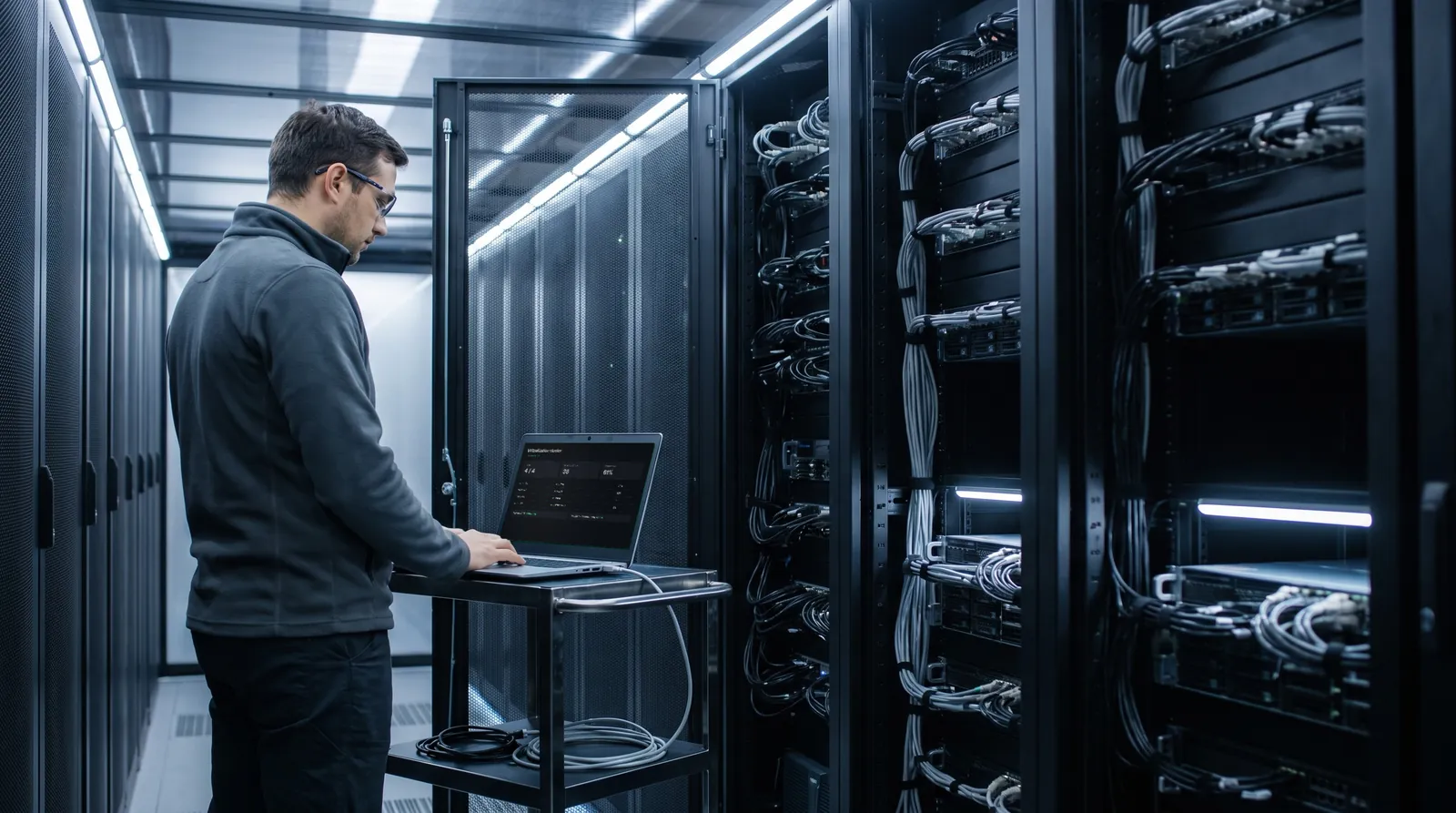 An engineer in a server room checking a virtualization cluster's status on a laptop