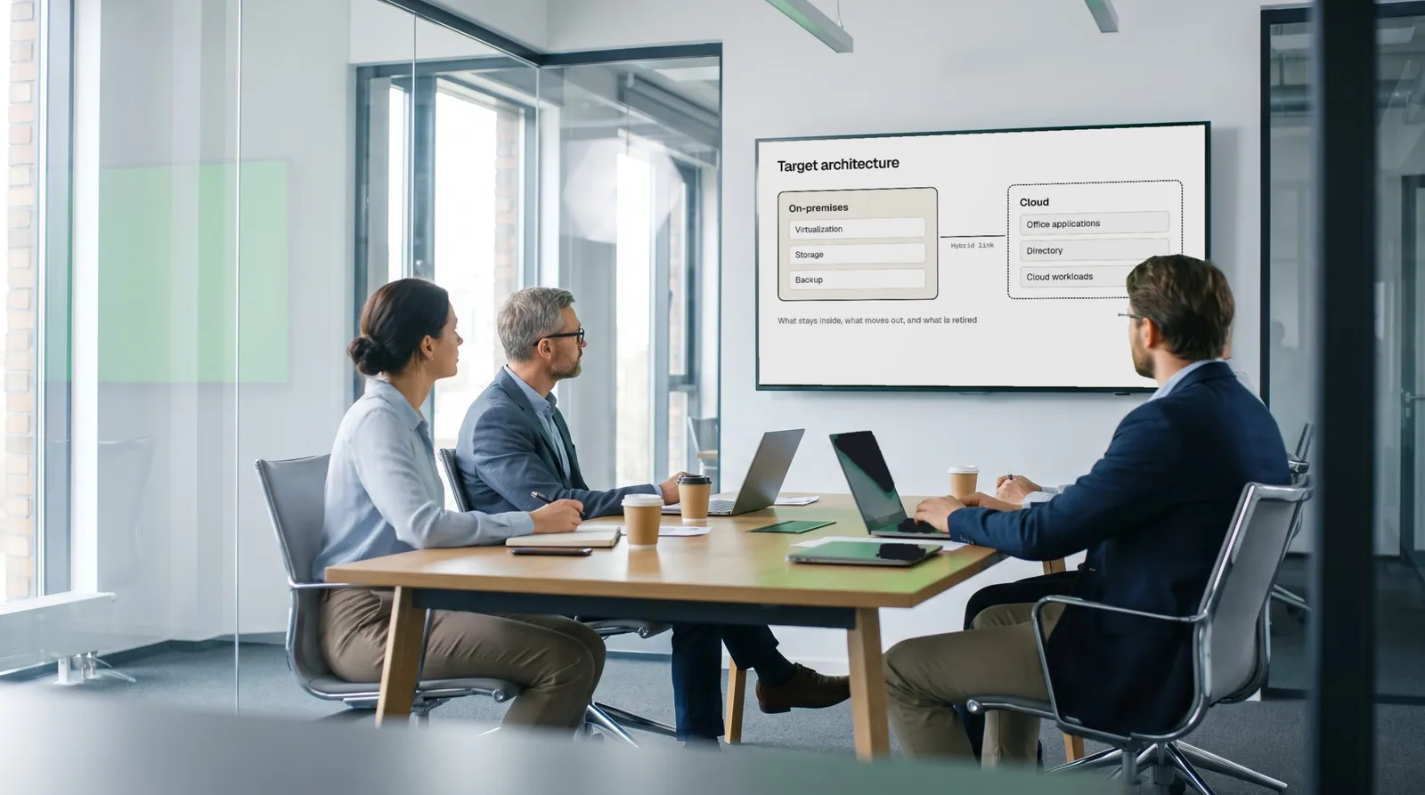Three colleagues in a meeting room reviewing a target architecture diagram on a wall display